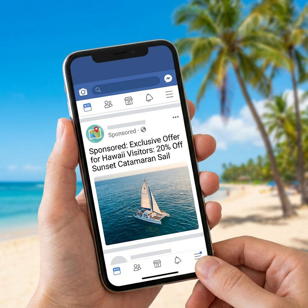 Generated_image 25D6105 Digital Reach, Facebook ad for a Hawaii sunset catamaran sail, offering 20% off. Perfect for Hawaii pay-per-click management campaigns.