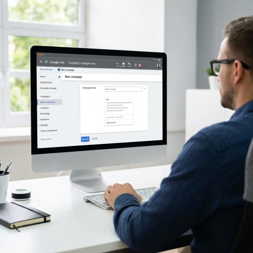 Generated_image 66F6C4A Digital Reach, Man managing a Google Ads campaign on a computer. Digital marketing for Hawaii Pay Per Click Management.