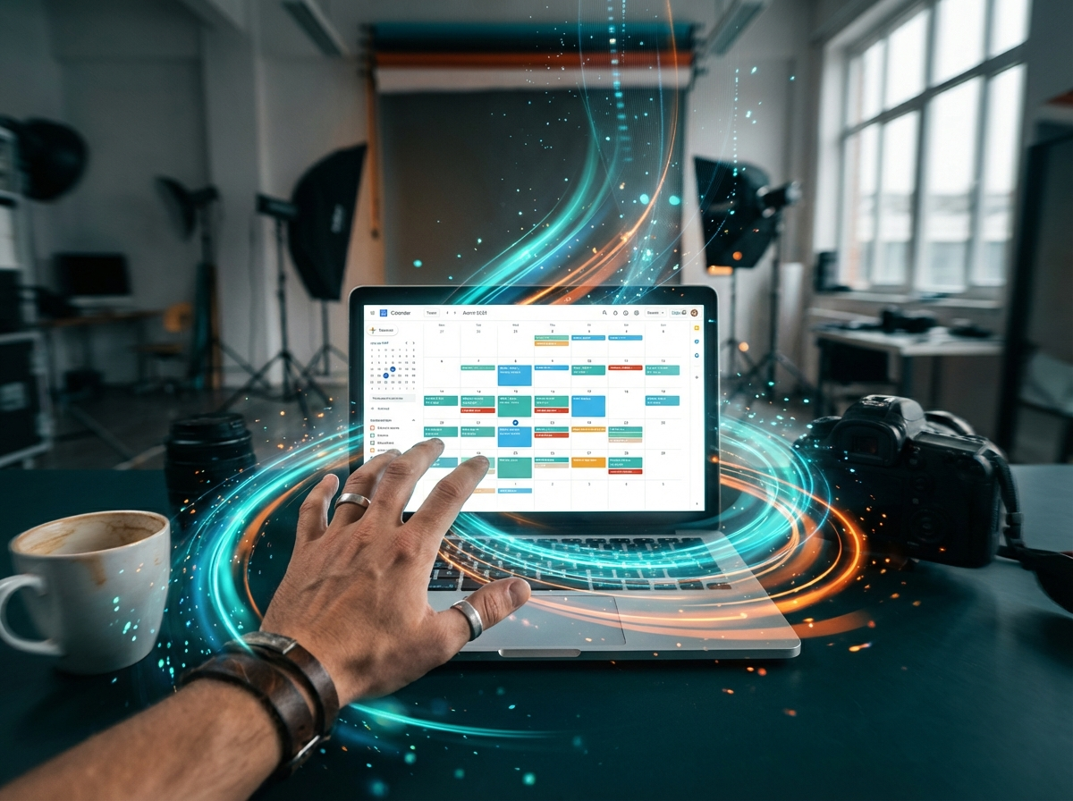 Generated_image BN0QU1Y Digital Reach, Photographer planning schedule on laptop with calendar app. SEO services for photographers concept.