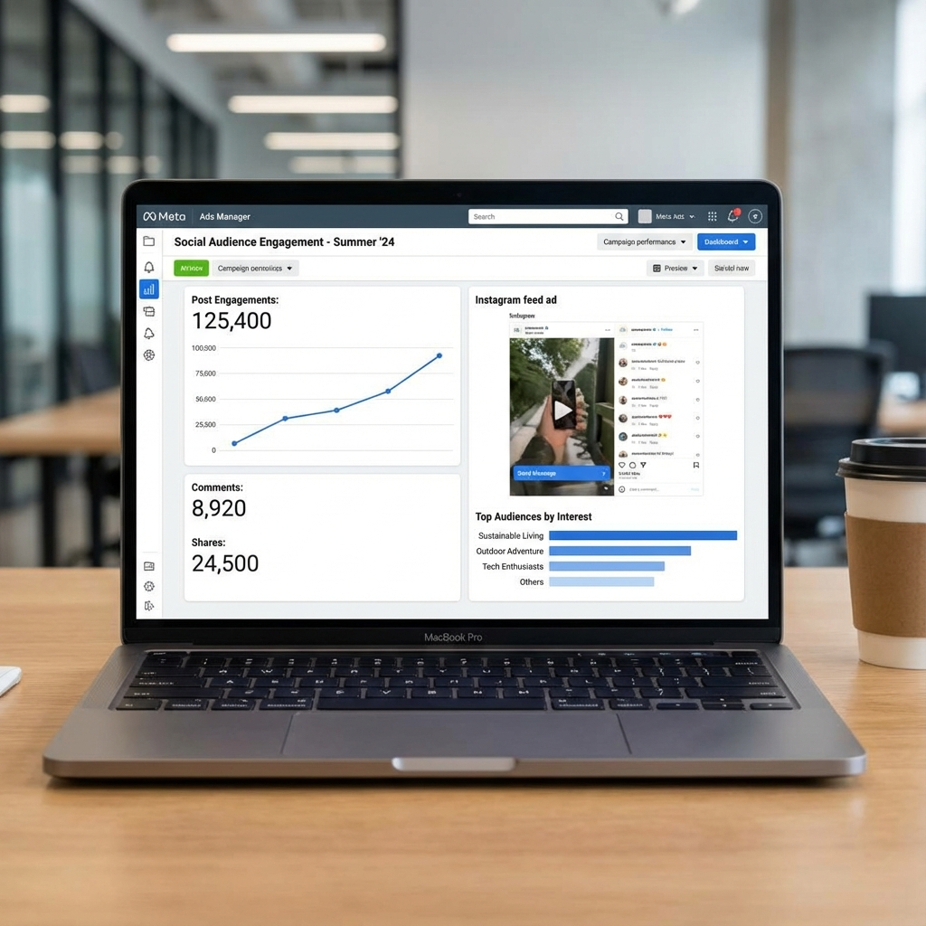 Generated_image CKF8WM8 Digital Reach, Meta Ads Manager dashboard showing social audience engagement for a summer campaign, including post engagements, comments, and shares.