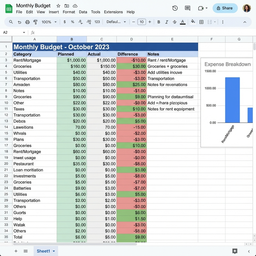 Generated_image DXKZVVW Digital Reach, Monthly budget spreadsheet for October 2023, showing planned vs. actual expenses and a small expense breakdown chart.