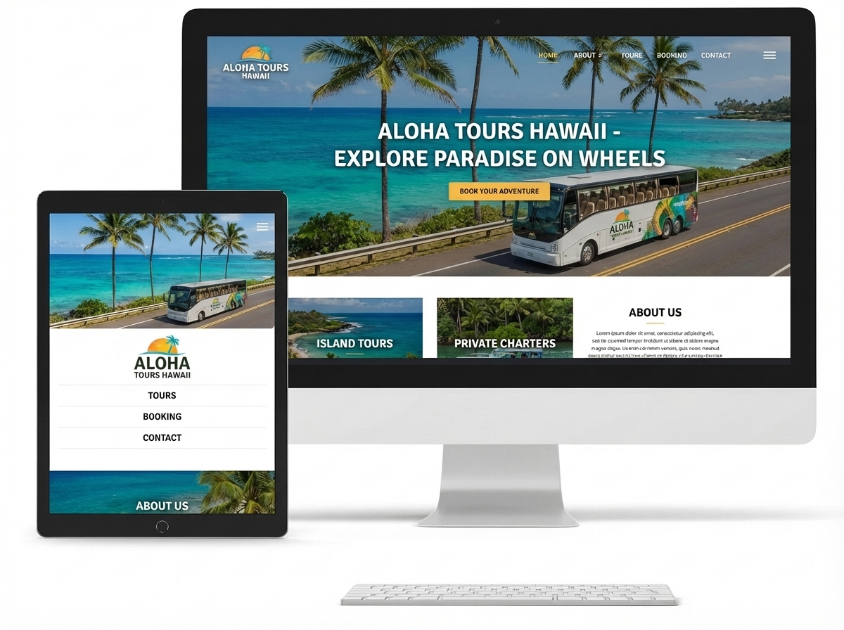Generated_image EEIVWDF Digital Reach, Hawaii Tours website on desktop and tablet, showcasing Aloha Tours Hawaii and island tours.