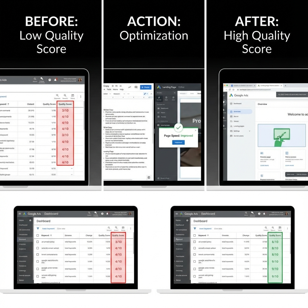Generated_image LXM4V3Z Digital Reach, Before/After: Low to high quality score in Google Ads dashboard, showing PPC optimization action.