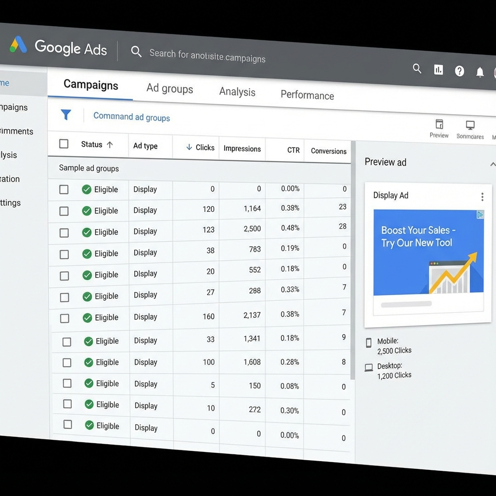 Generated_image PWOAMZF Digital Reach, Google Ads dashboard showing campaign performance metrics like clicks, impressions, and CTR. "Boost Your Sales" is displayed in an ad.