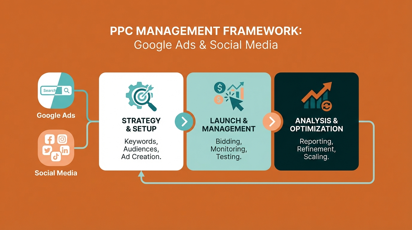 Generated_image TZHGDSX Digital Reach, PPC management framework: Google Ads and Social Media. Strategy, launch, analysis, and optimization.