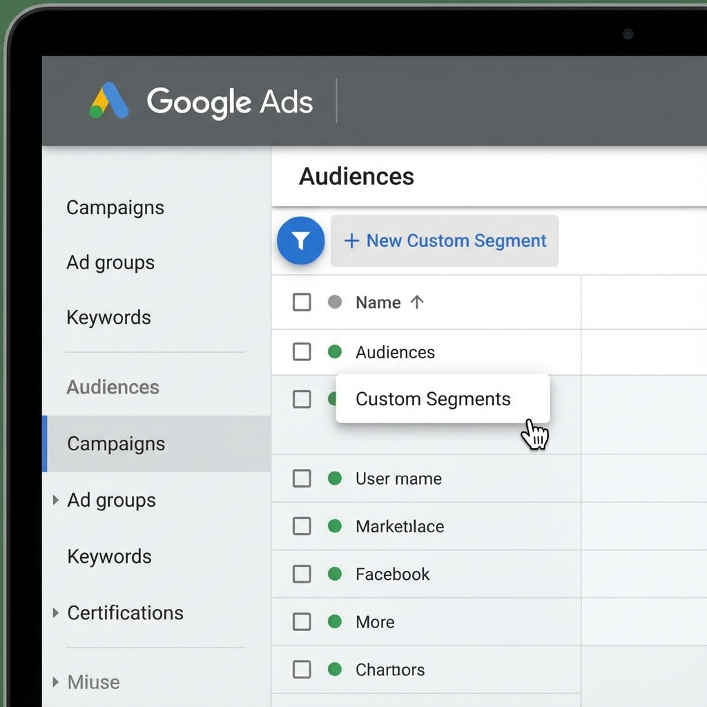 Image Generator 1767749882 695db8fadb049 Digital Reach, Google Ads interface showing "Audiences" and "+ New Custom Segment.