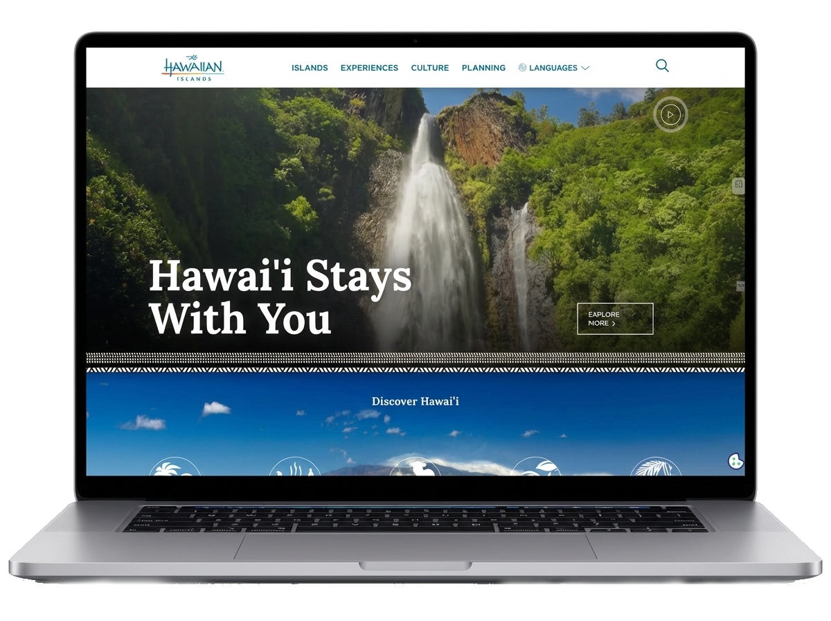 Image Generator 1767816830 695ebe7ed2682 1 Digital Reach, Hawaiian Islands website featuring a tropical waterfall scene and the text "Hawai'i Stays With You".