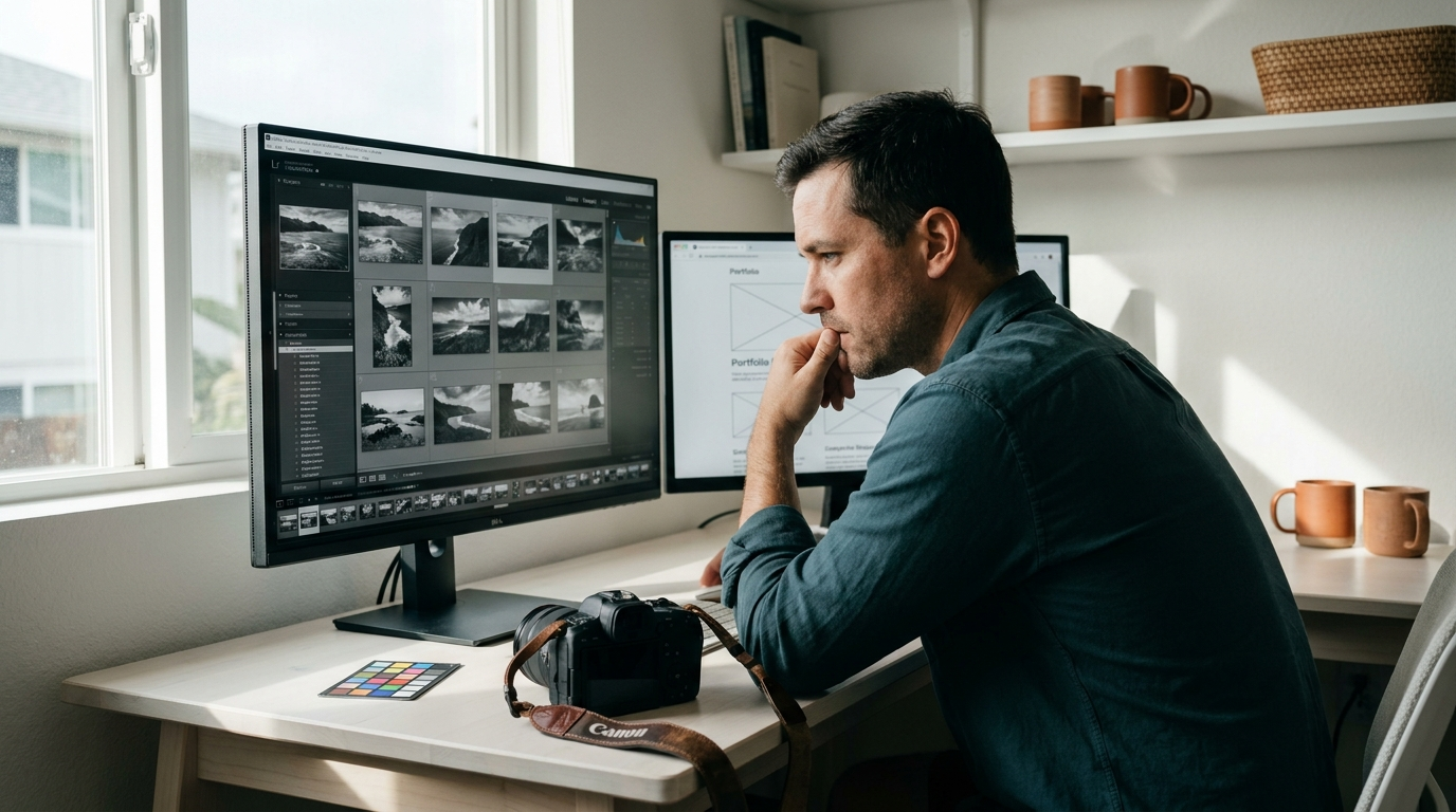 Hawaii photographer reviewing image selects in Lightroom at a Honolulu home studio