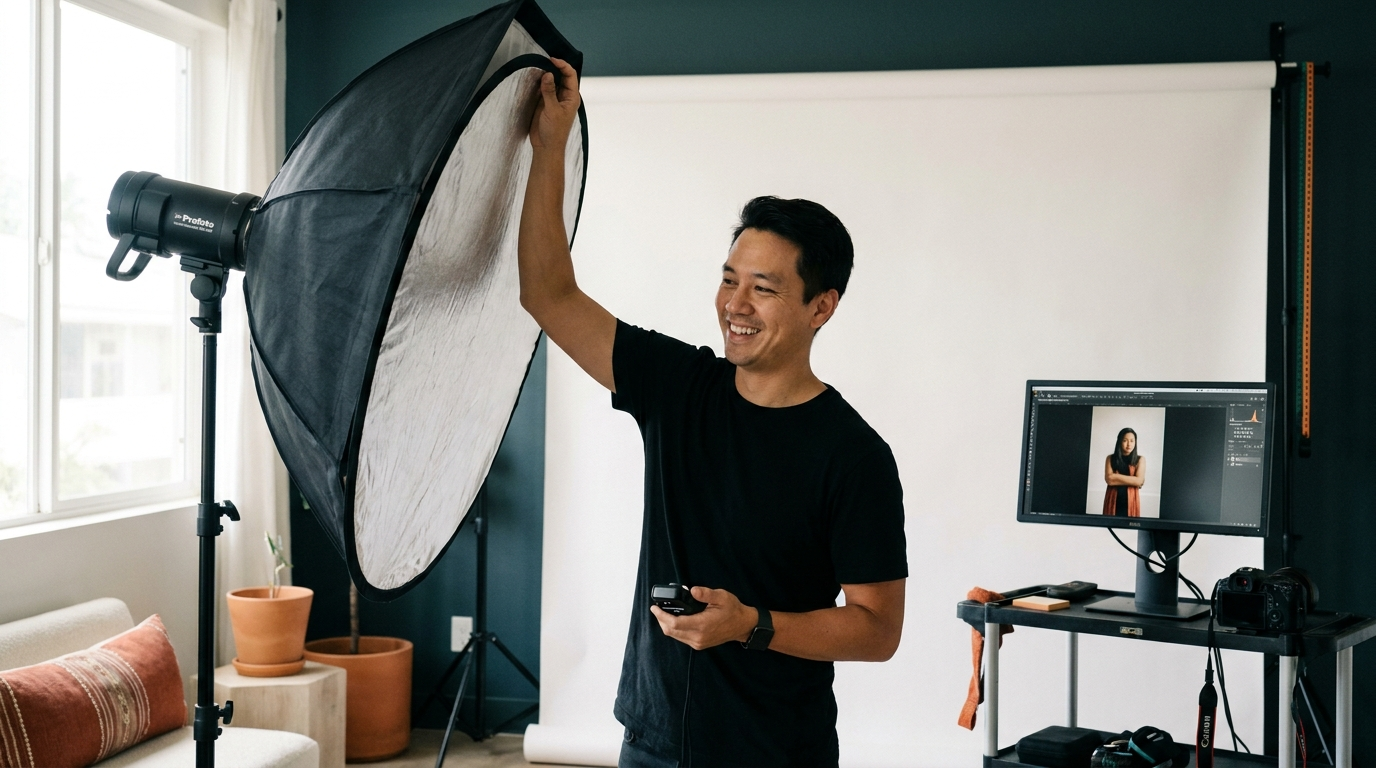 Hawaii portrait photographer setting up a softbox and reflector in a clean Honolulu studio