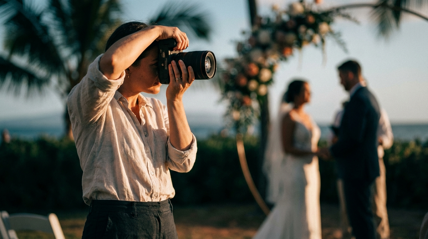 Hawaii wedding photographer mid-shoot at a Maui beachside ceremony with a Canon R5 camera
