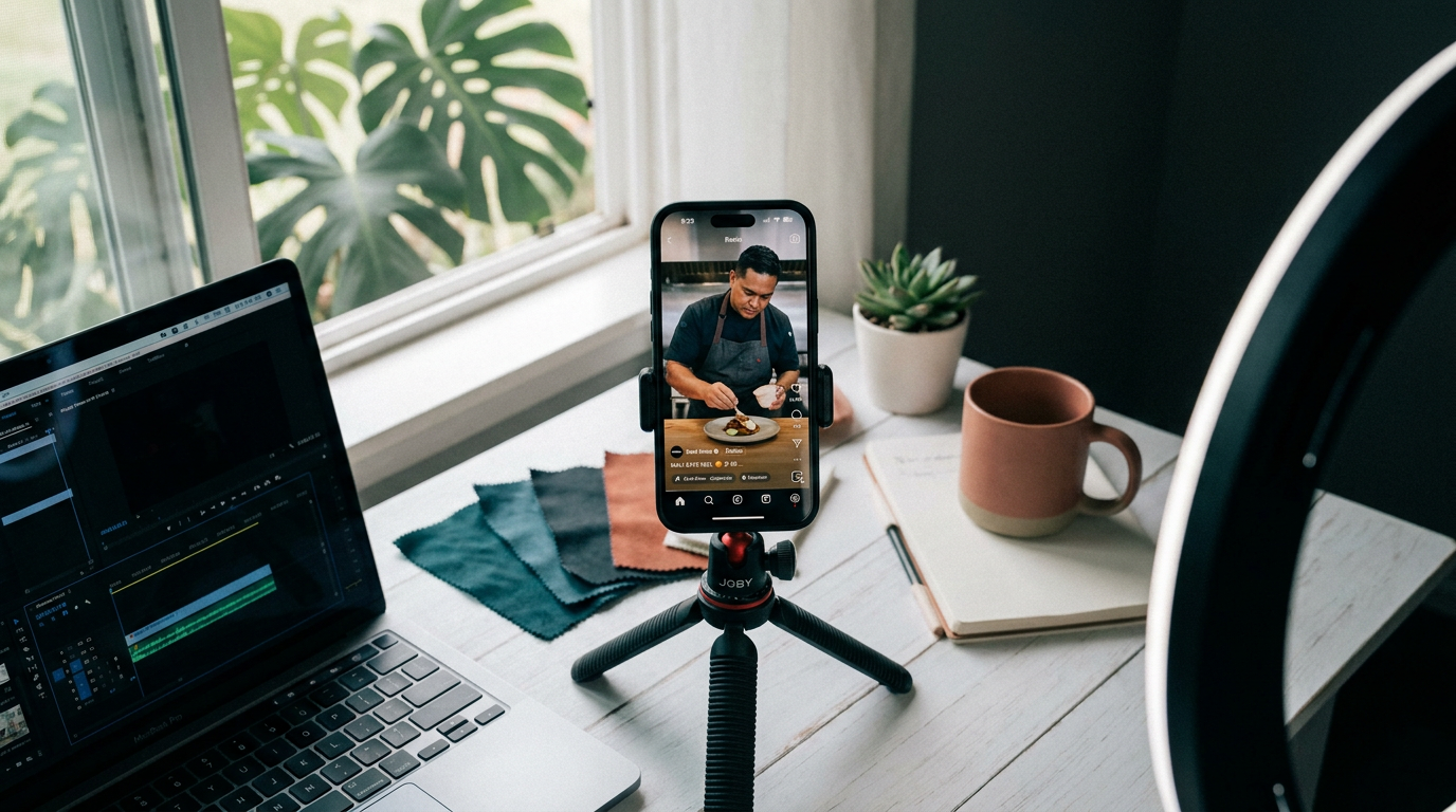 Maui content creator filming a vertical Reel for a local business on a phone-and-ring-light rig