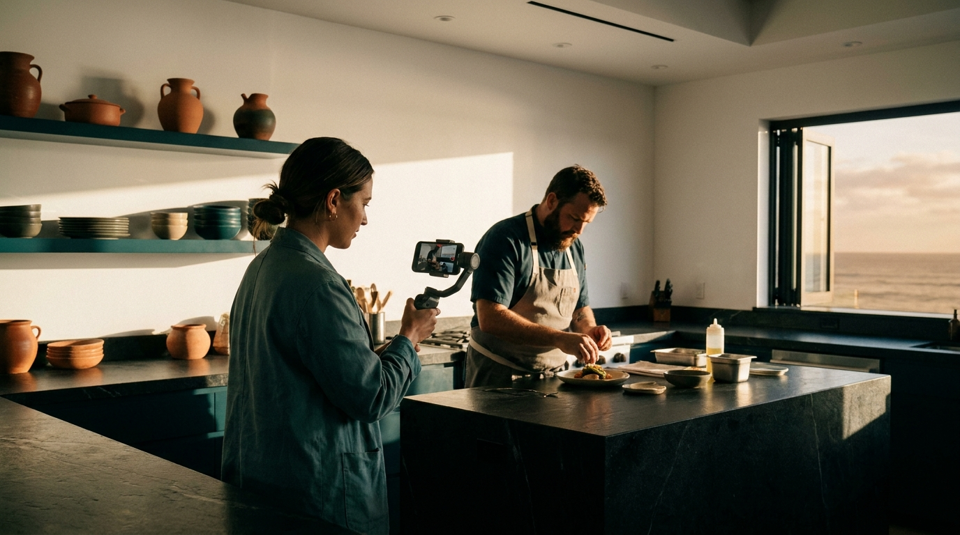 Maui content creator filming behind-the-scenes Reels footage with a local business