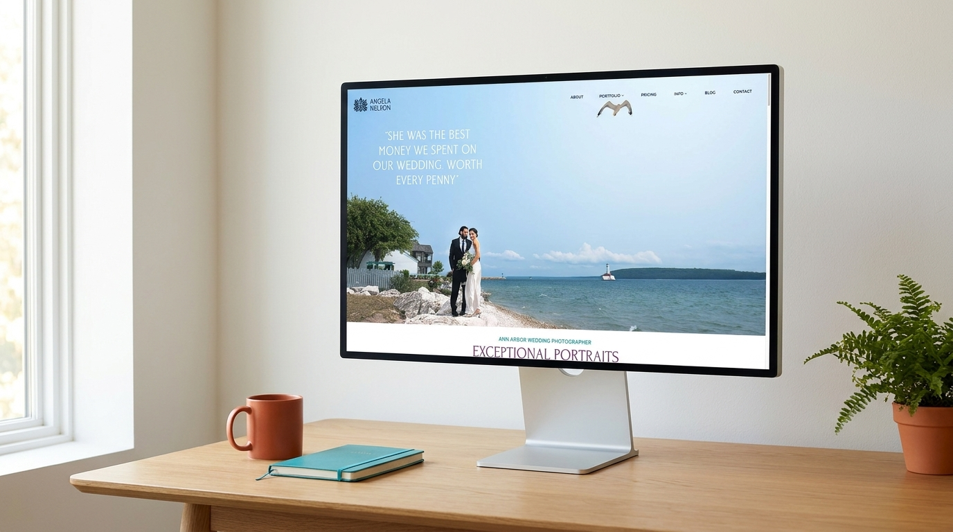 Angela Nelson Photography website on a desktop monitor, site ranked #2 for Ann Arbor wedding photographer by Digital Reach Hawaii
