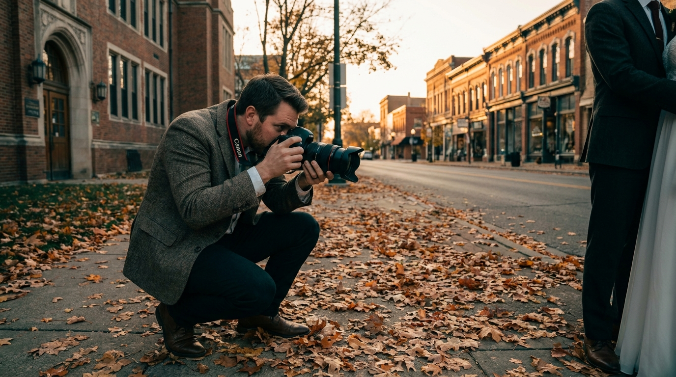 Wedding photographer at work in Ann Arbor Michigan during golden hour — editorial visual for Angela Nelson Photography Digital Reach Hawaii case study