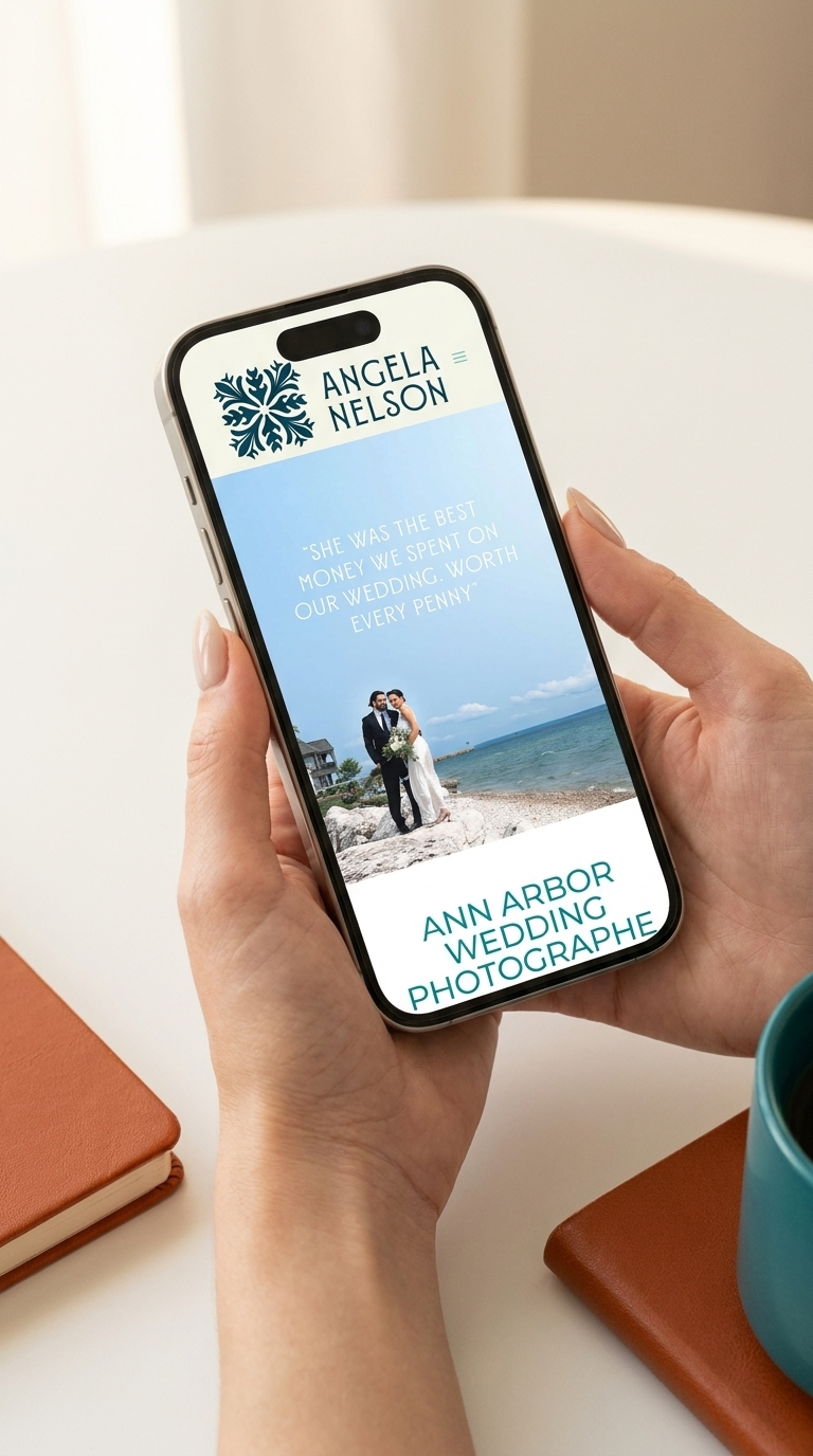 Angela Nelson Photography mobile site held in hand — Ann Arbor wedding photographer site built and ranked by Digital Reach Hawaii