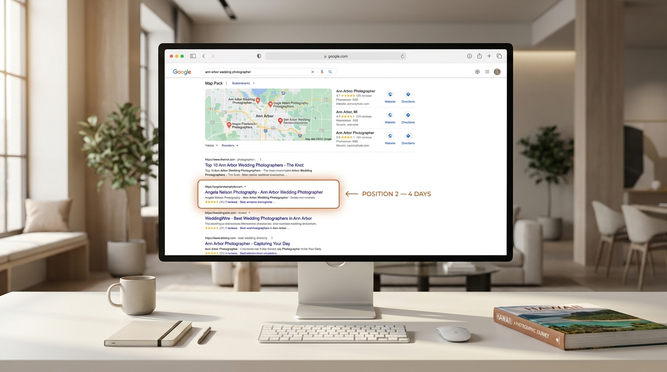 Google search results page for 'Ann Arbor wedding photographer' with Angela Nelson Photography highlighted at position 2 — achieved in 4 days by Digital Reach Hawaii