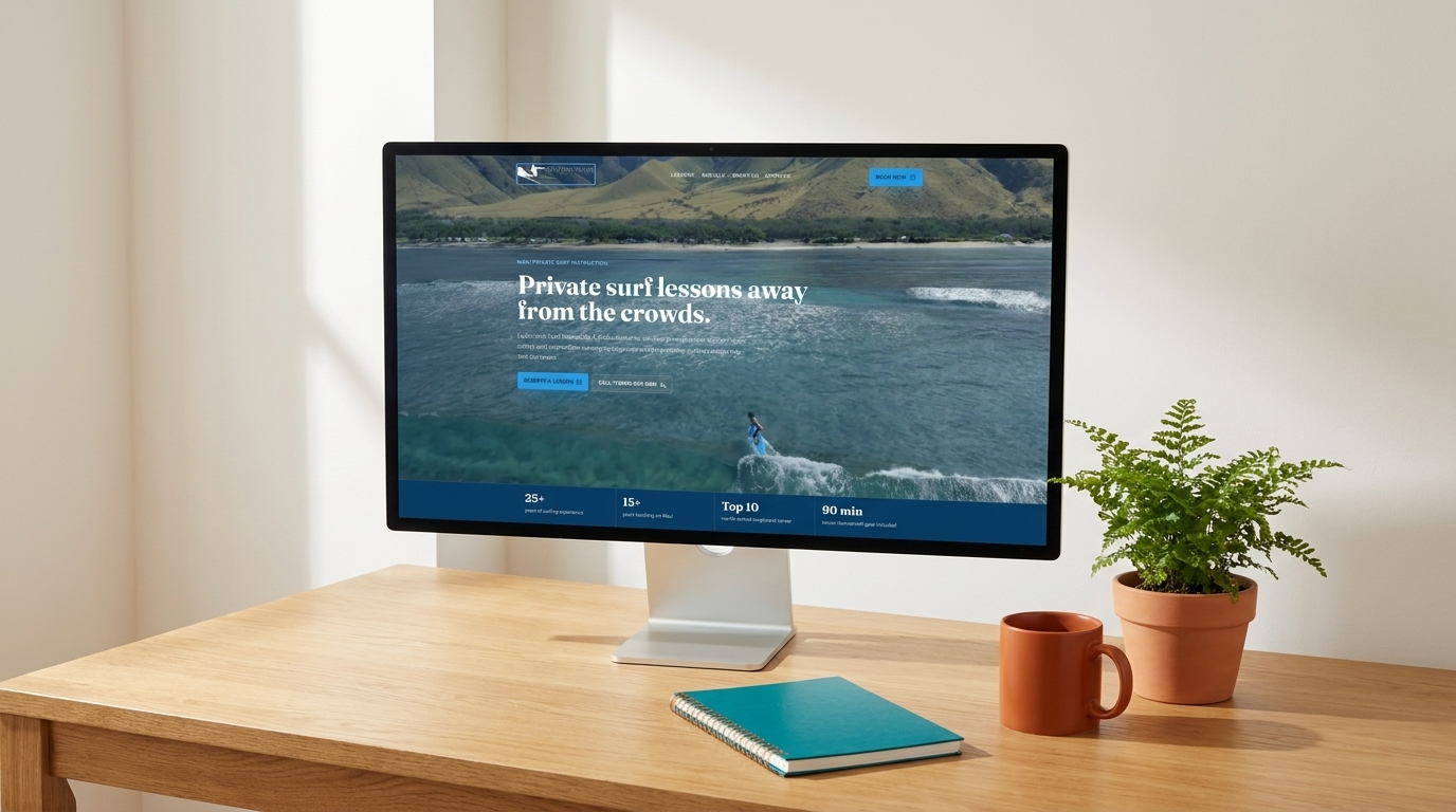 Zack Howard Surf website on a desktop monitor — Maui surf lessons + retreat client of Digital Reach Hawaii, ranking improved page 20 to page 2-3