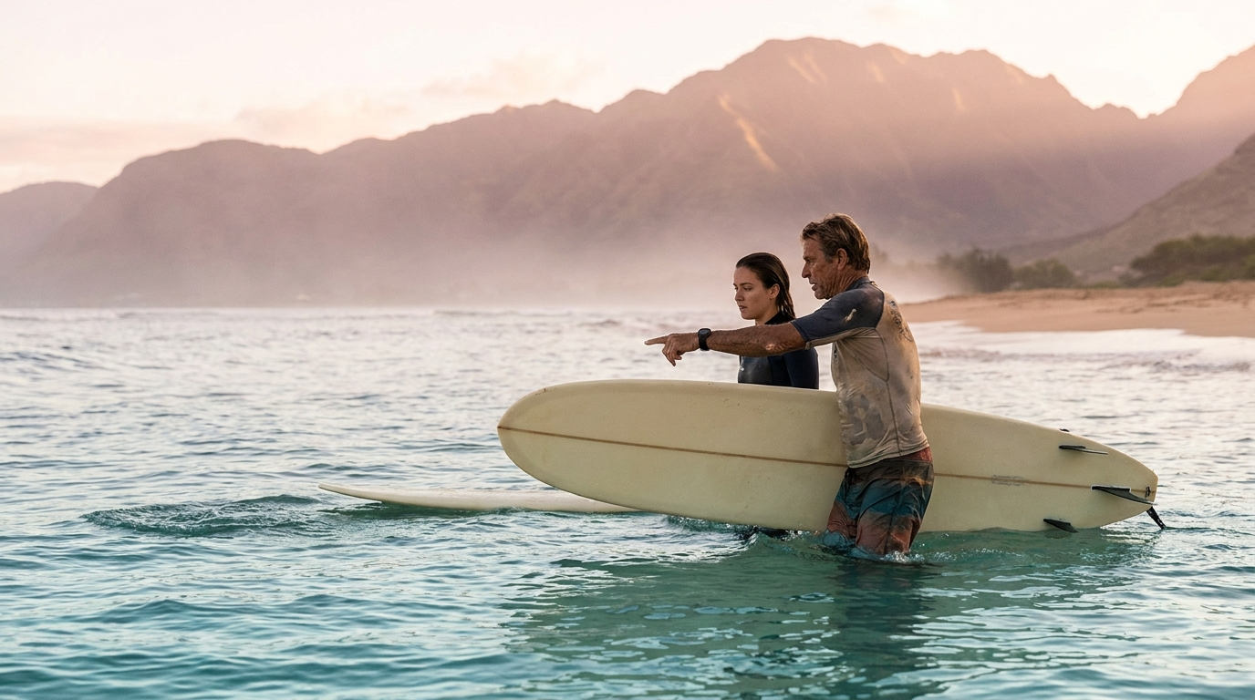Maui surf instructor teaching a beginner at sunrise on a West Maui beach — editorial visual for Zack Howard Surf Digital Reach Hawaii case study