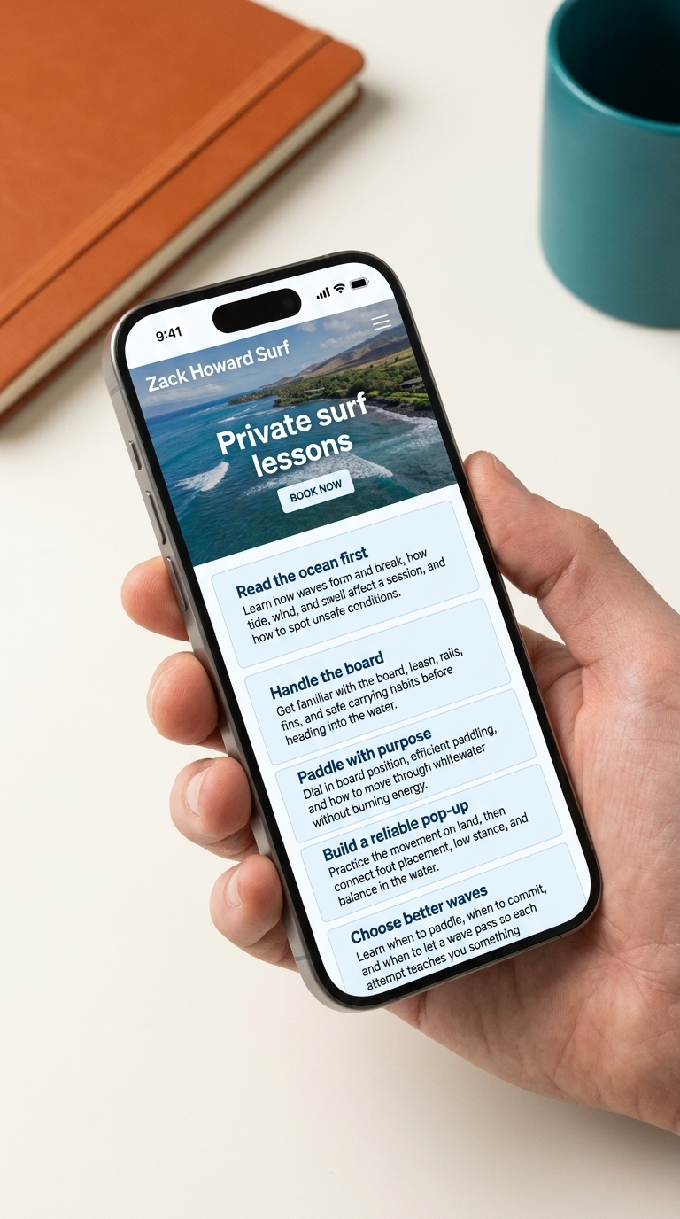 Zack Howard Surf mobile site held in hand — Maui surf lesson site built and ranked by Digital Reach Hawaii
