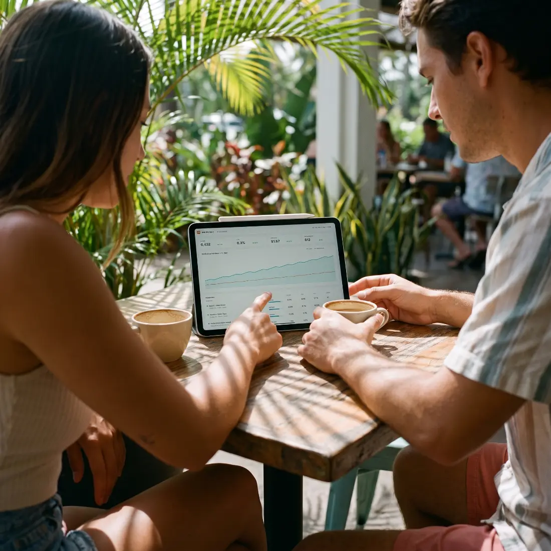 Two marketers reviewing a live Google Ads campaign dashboard on a tablet at a Hawaii cafe
