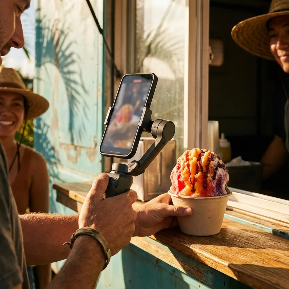 Content creator filming a Hawaiian shave ice at a Maui food truck for social media
