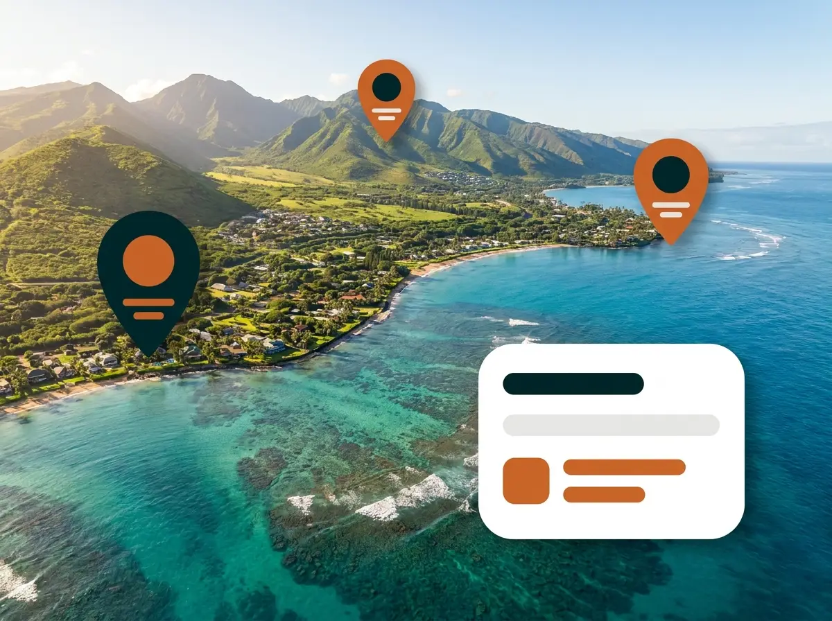 Hawaii coastline with local search map pins — Digital Reach SEO