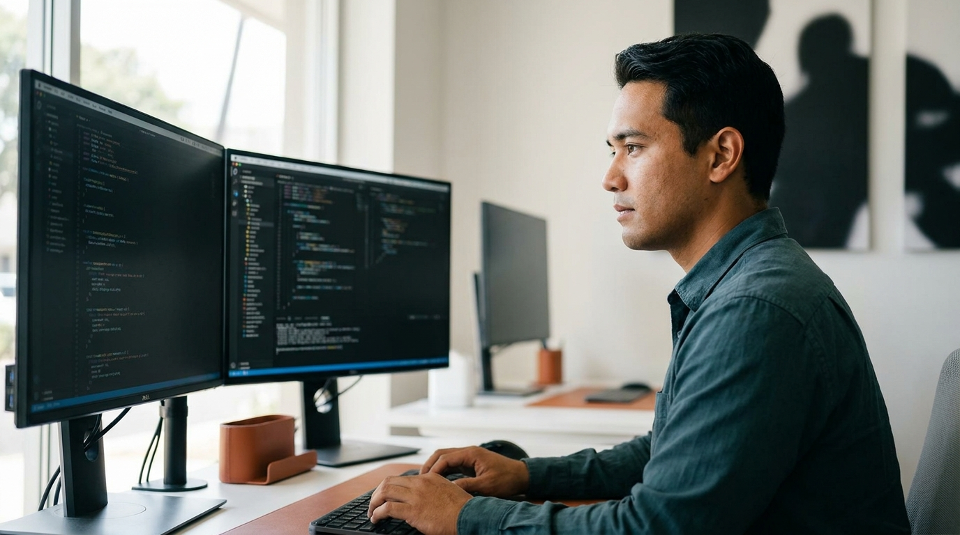Hawaii front-end developer coding a Honolulu business website at dual monitors in a clean Oahu office