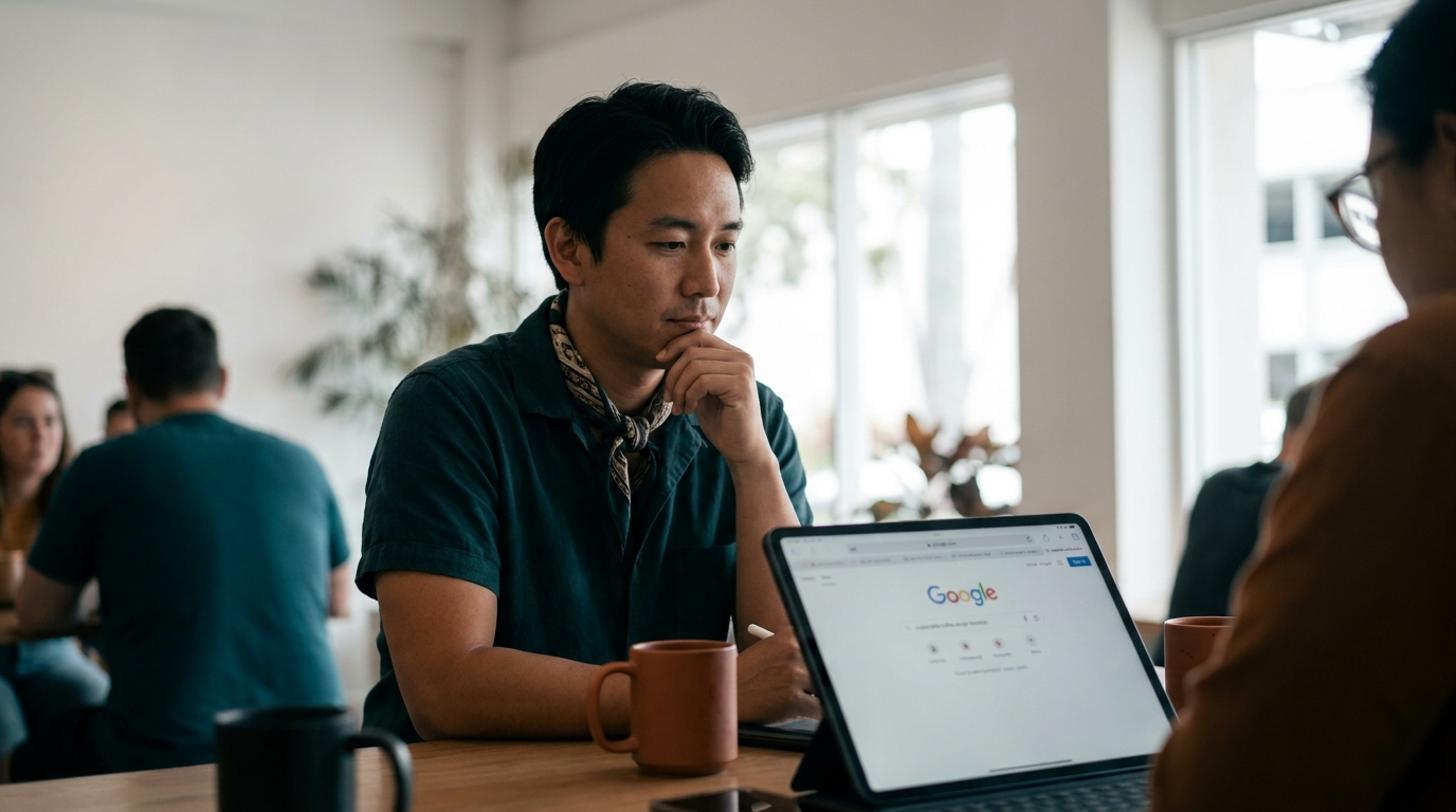 Kona business owner reviewing a Google search results page on a tablet at a modern desk