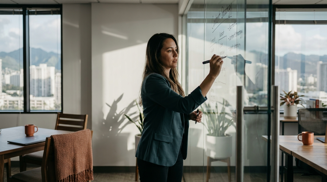 Hawaii digital marketing strategist mapping a Kona SEO content strategy on a glass wall