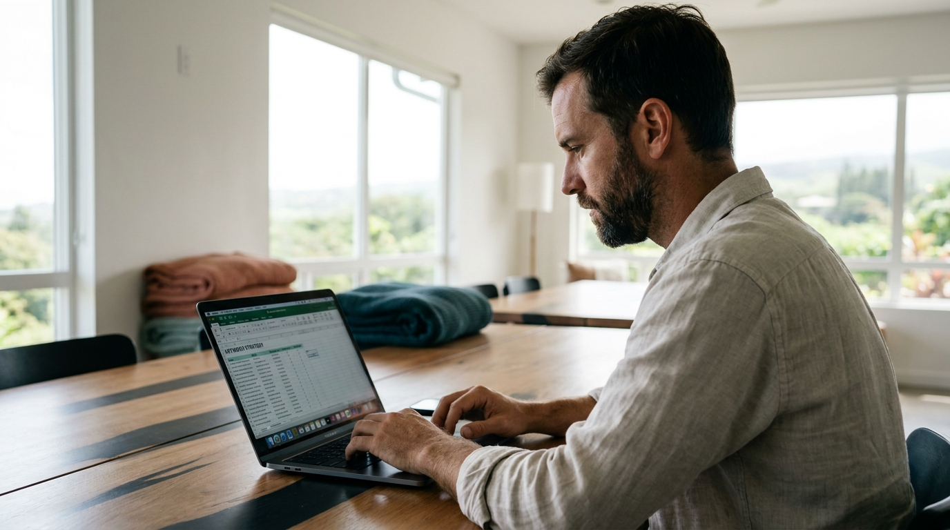 Hawaii SEO consultant reviewing Kona keyword research on a laptop at a Maui co-working space