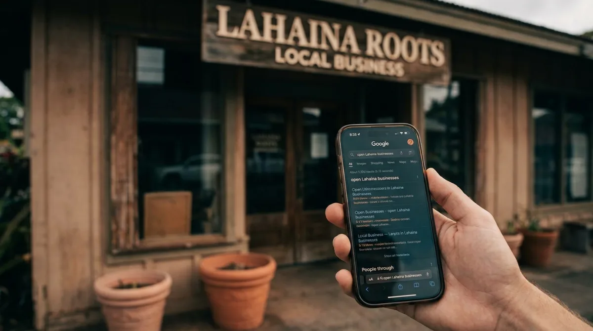 Lahaina storefront with a smartphone showing Maui Google search results