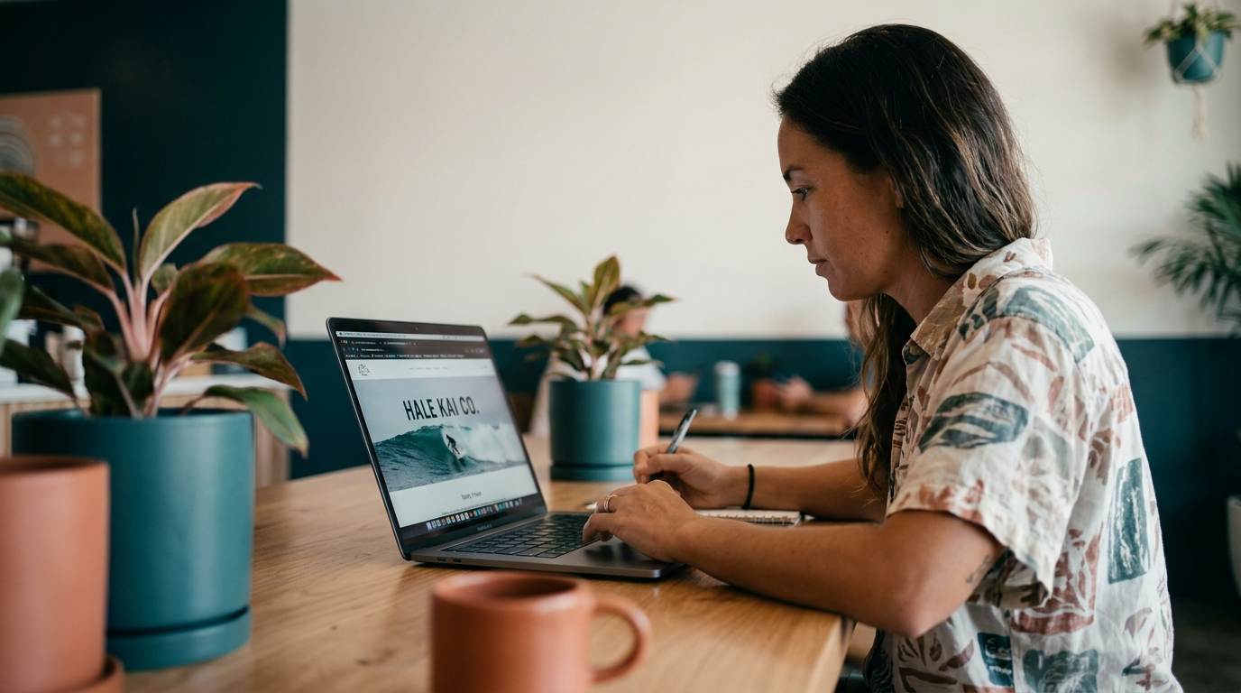 A Hawaii small-business owner reviewing a new Maui website preview on a laptop