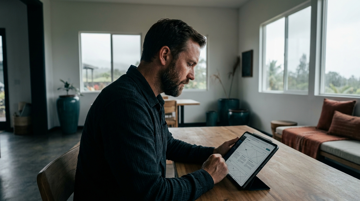 A Hawaii web designer reviewing a Maui website wireframe on a tablet at a modern studio