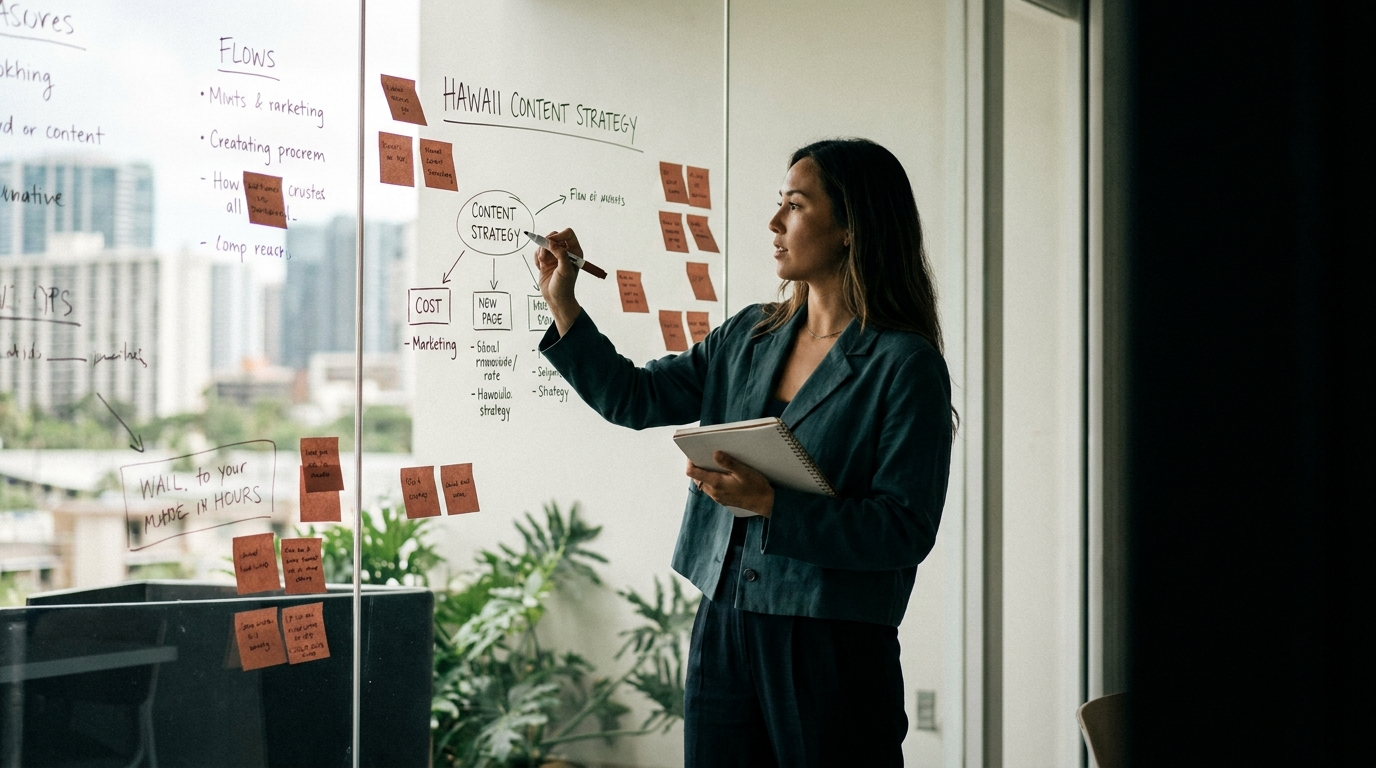 Hawaii digital marketing strategist mapping Oahu content strategy on a glass wall