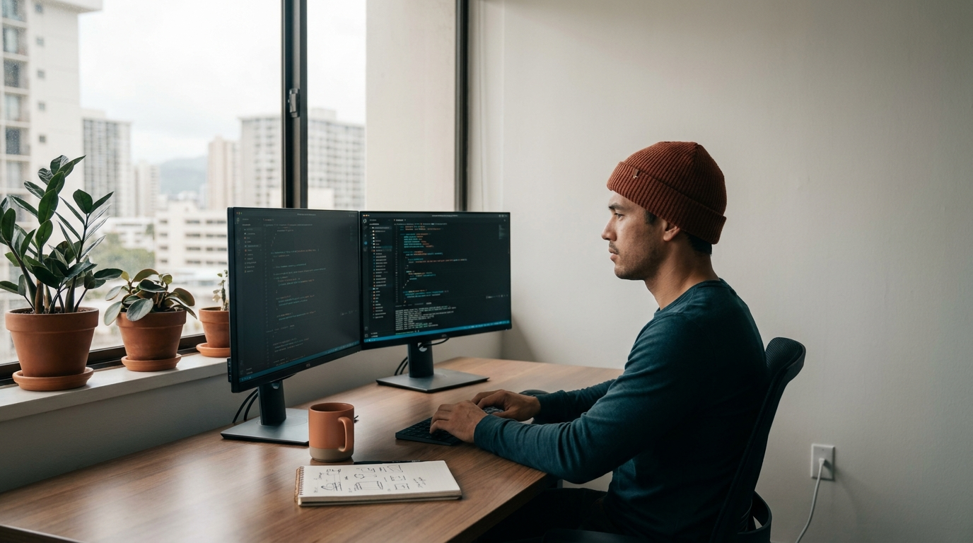 Hawaii front-end developer building an Oahu business website at dual monitors in a clean Honolulu office