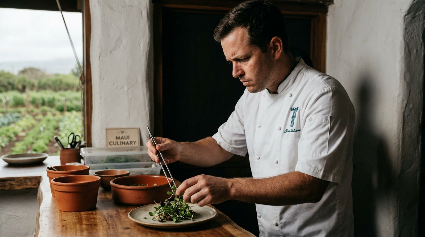 Hawaii chef plating a farm-to-table dish at a Maui restaurant kitchen pass