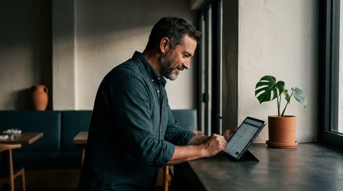 Hawaii restaurant manager reviewing the day's reservations on a tablet at a modern bistro