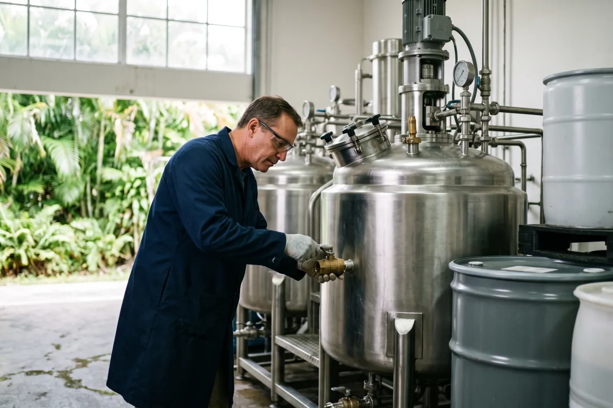 Operator in a lab coat checking a valve on a stainless mixing tank in a specialty chemical blending facility