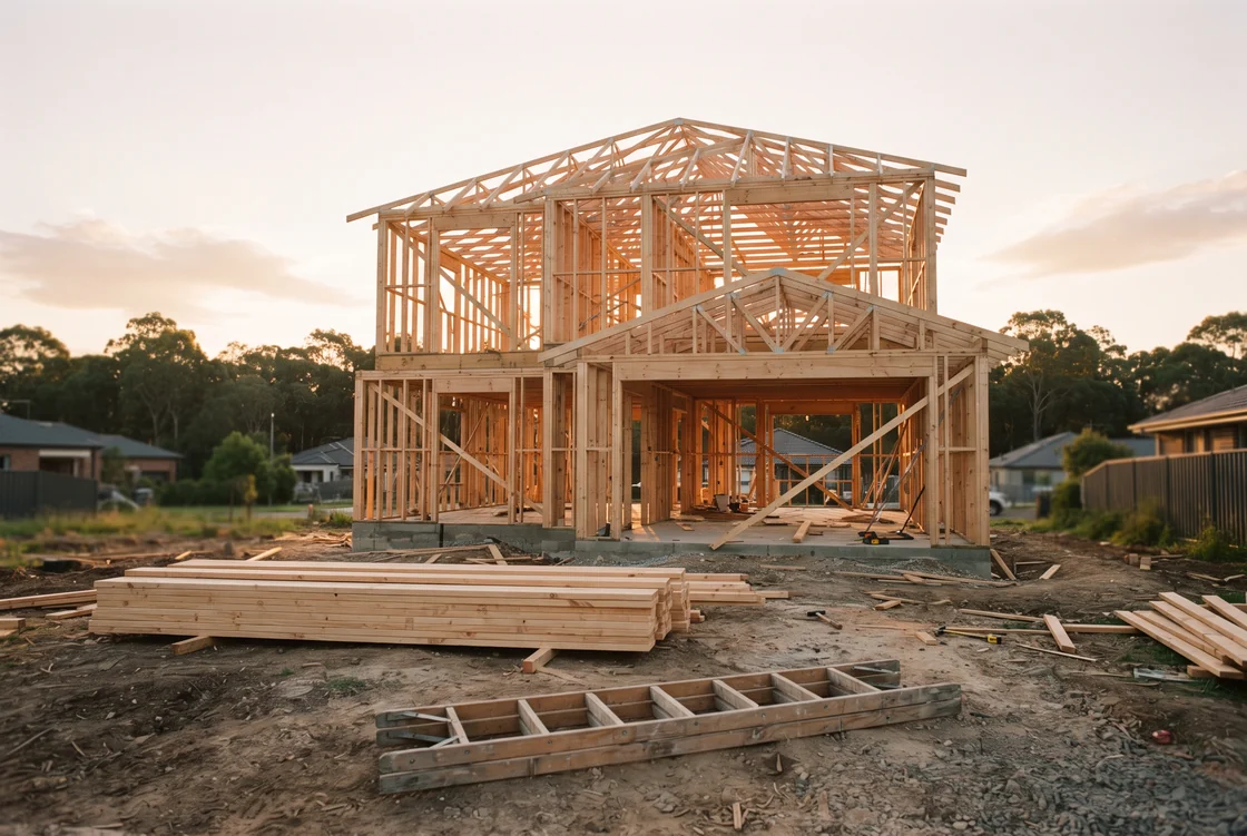 An unfinished timber-framed two-storey house at golden hour, its open stud walls and roof trusses standing against the sky, with a stack of lumber and a folded ladder in the foreground.