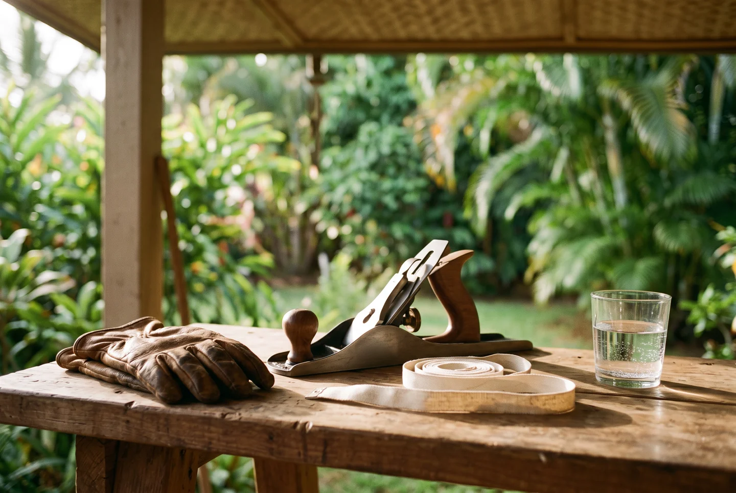A covered lanai workbench in morning light with a hand plane, a coiled fabric measuring line, a pair of work gloves and a glass of water, green tropical foliage blurred beyond the posts.