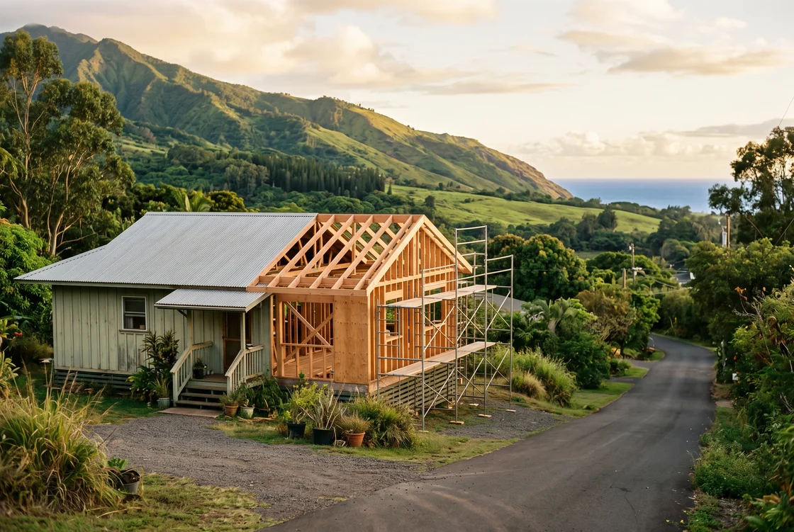 A single-storey plantation-style house mid-renovation on an upcountry Maui street at golden hour, new bare timber framing and scaffolding along one side, green mountain slopes behind and a band of ocean beyond.