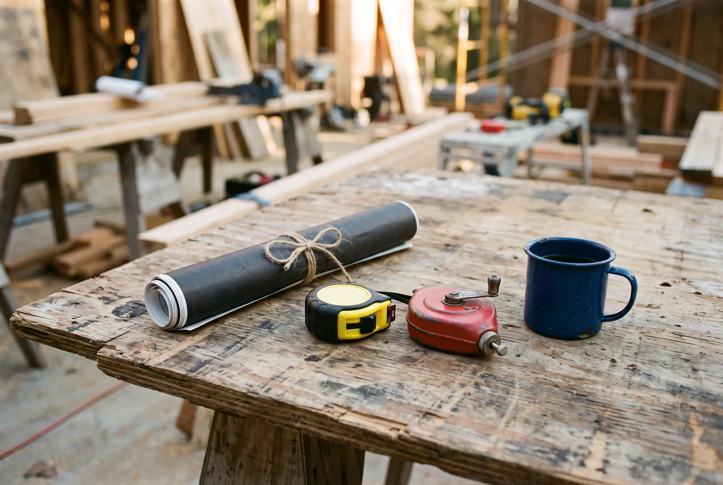 A weathered plywood jobsite table in afternoon light holding a rolled set of drawings tied with string, a retracted tape measure, a chalk line reel and an enamel mug.