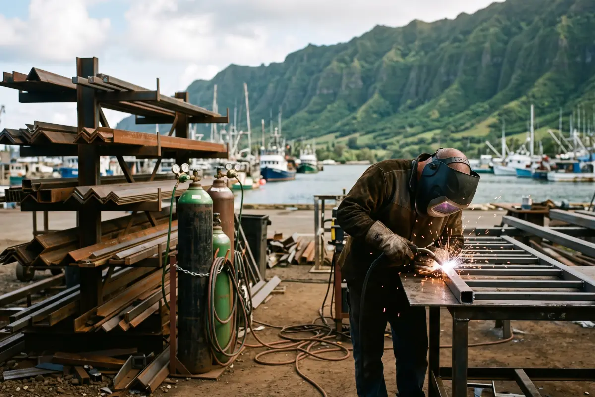 Welder working on a steel railing section at an open-air island fabrication yard with harbor water and a green ridge behind