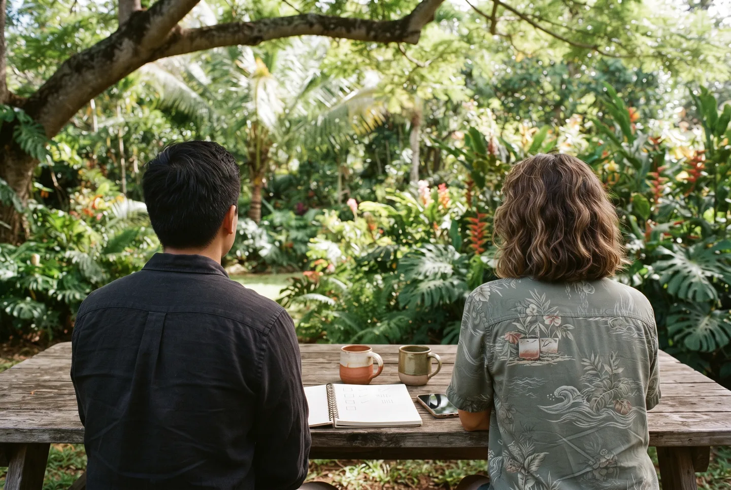 Two people seen from behind at a wooden garden table with an open notebook of checkbox marks, two coffee cups, and a phone lying face-down.