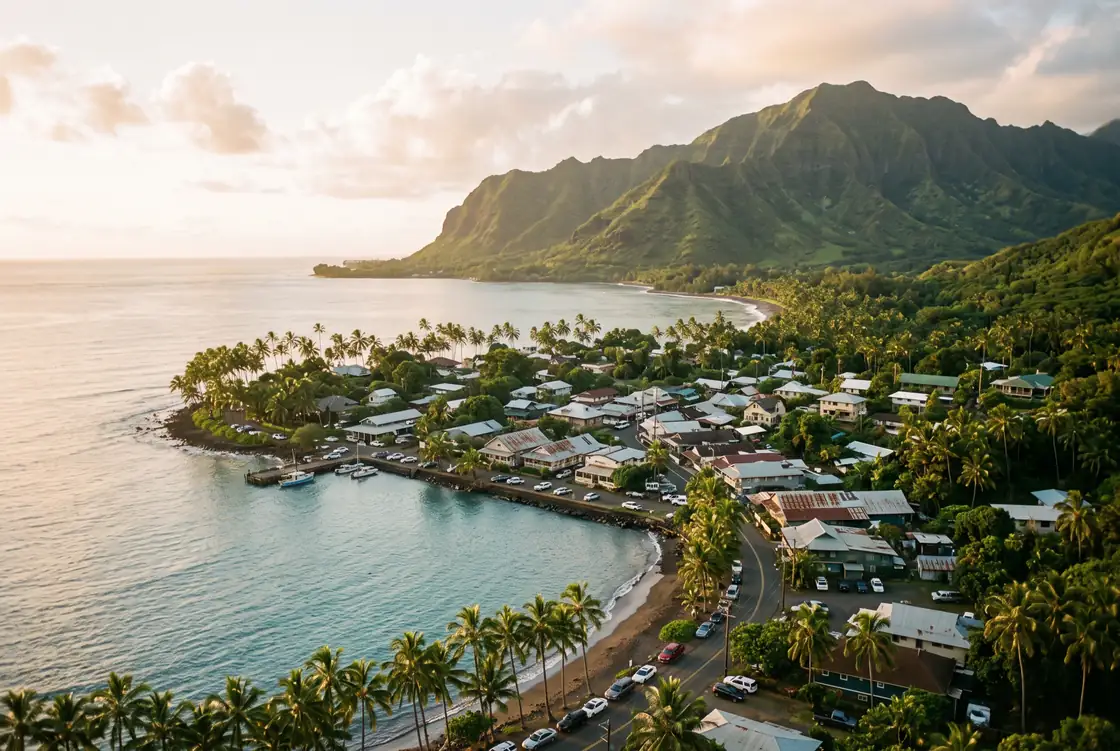 Elevated view of a small Hawaiian coastal town at golden hour, low-rise buildings and palms along a curving shoreline with a green ridgeline behind.