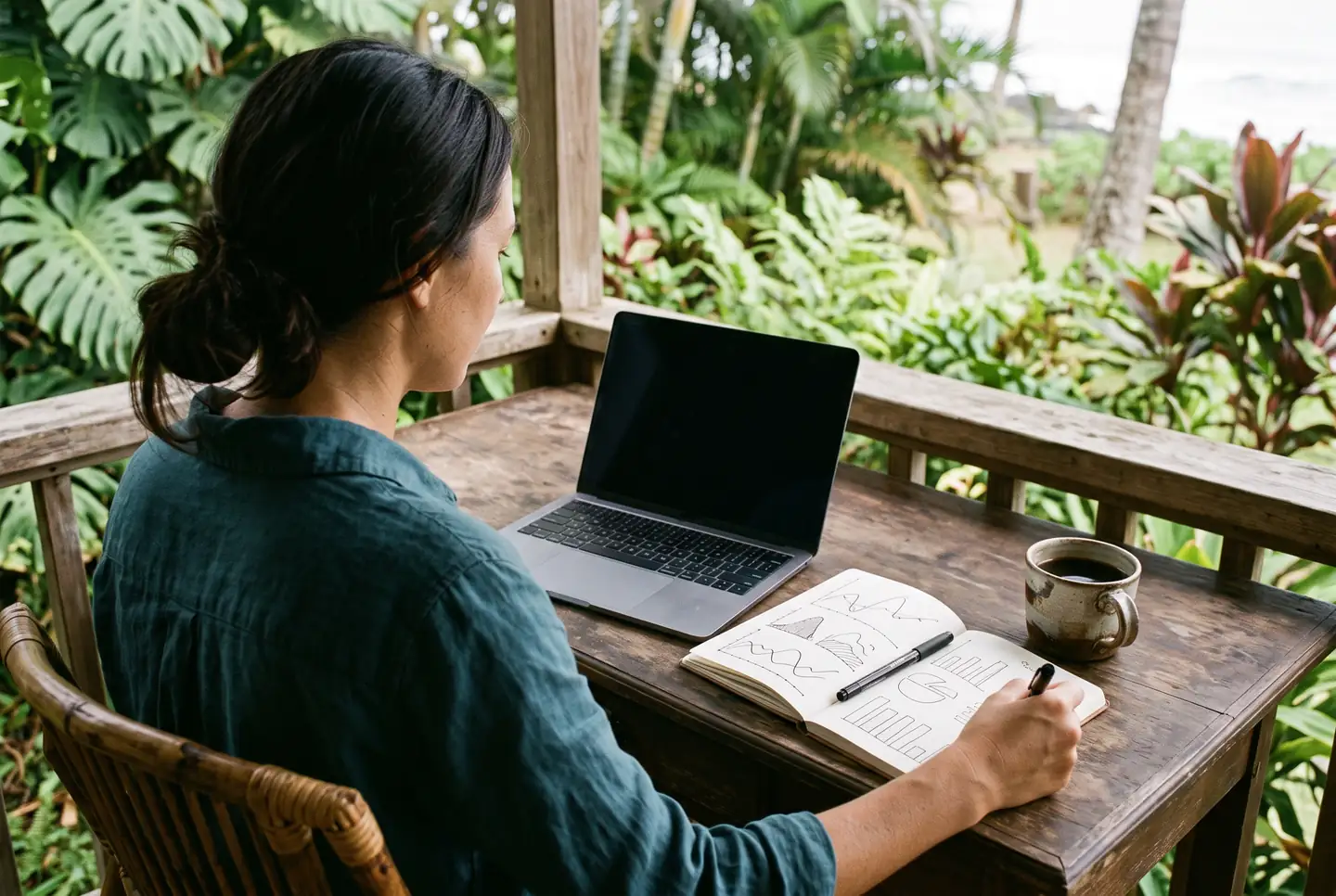 A person working at a wooden desk on a shaded lanai, with an open notebook of hand-drawn charts beside a laptop.