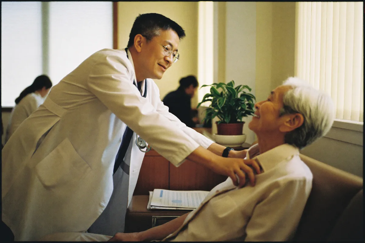 Physician greeting an elderly patient in a warm clinic waiting room