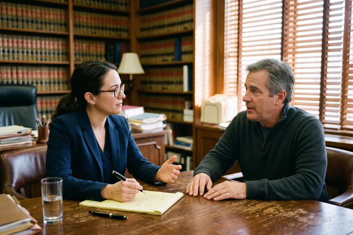 Attorney taking notes on a legal pad while meeting with a client across a wooden desk