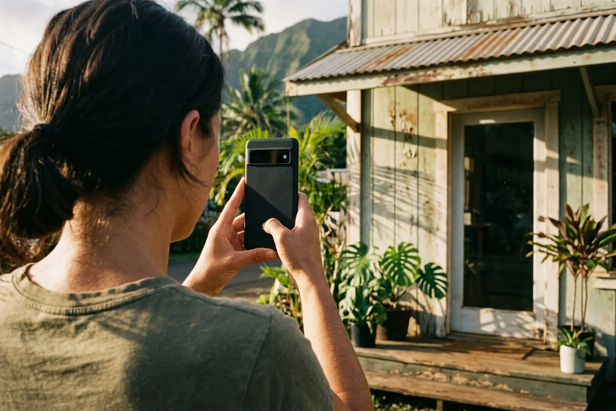 Seen over her shoulder, a shop owner photographs the front of her own store on a phone in late-afternoon sun.