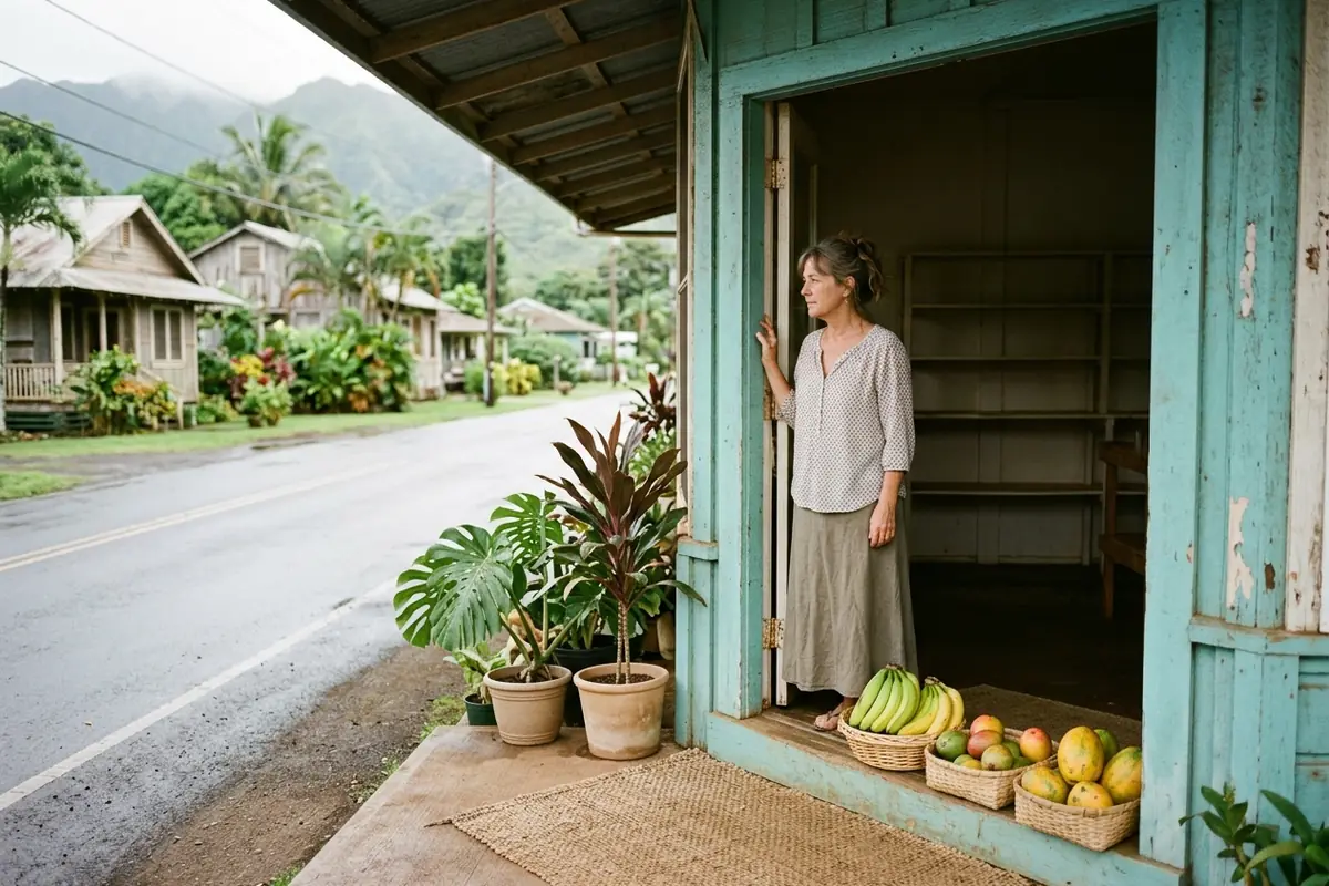 A shop owner stands in her open doorway one morning, one hand on the door frame, looking out along a wet, empty plantation-town street.